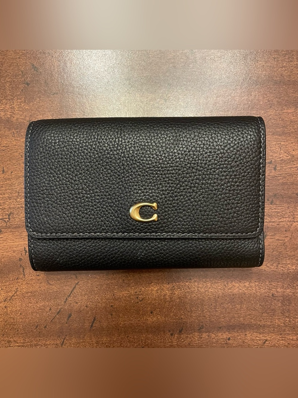 NWOT Coach Essential Medium Flap Wallet Black Pebble Leather Trifold Retail